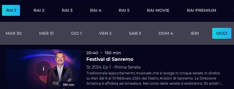 Festival San Remo programme TV